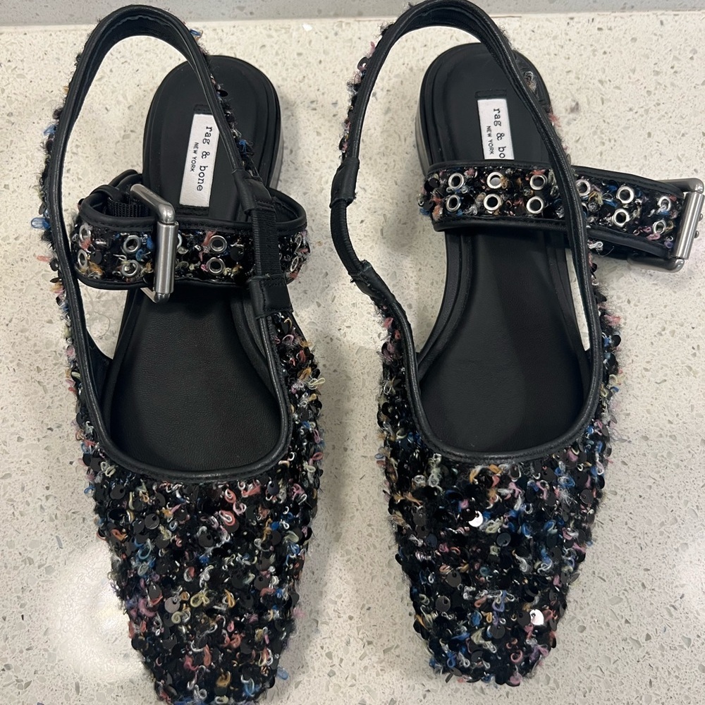NWOB Rag & Bone Astra Black Boucle & Sequin Slingback Flat Shoes Size 36 US 6